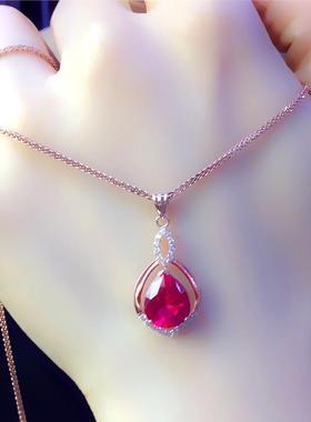 俄罗斯585紫金镶嵌红石玫瑰金水滴吊坠彩金个性百搭高级项链ins风