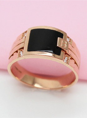 俄罗斯585紫金宽版黑色戒指玫瑰金镀14K彩金豪华个性指环轻奢时尚