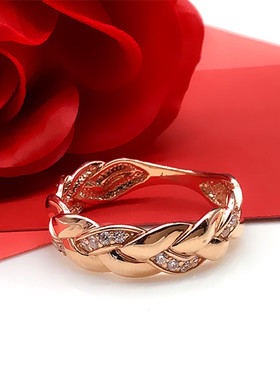 俄罗斯585紫金镀14K玫瑰金镶嵌锆石叶子编织女开口可调节戒指饰品