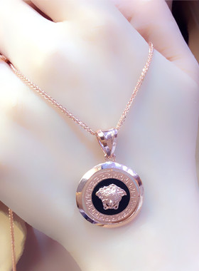俄罗斯585紫金项链镀14K玫瑰金时尚豪华黑色圆形吊坠精致简约欧美