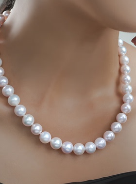 S925银淡水无核珍珠项链珍珠颈链近圆强光简约自戴送女友节日礼物
