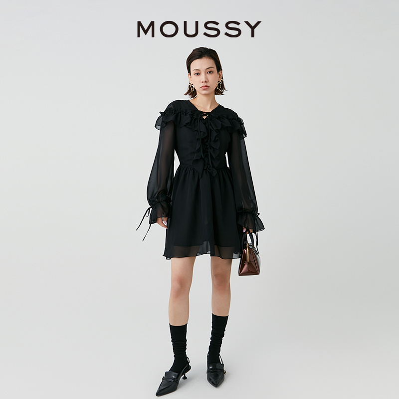 MOUSSY 2024夏季新品法式浪漫优雅短款雪纺连衣裙女028HSZ30-0571 - 图0