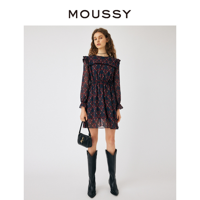 MOUSSY 气质淑女风满印菱格纹印花圆领收腰连衣裙女028GA430-5930 - 图0