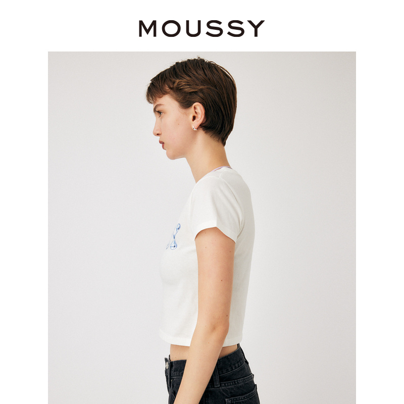 MOUSSY 夏季新品新款金属质感印花小版型短袖T恤女010GAQ90-5400 - 图1