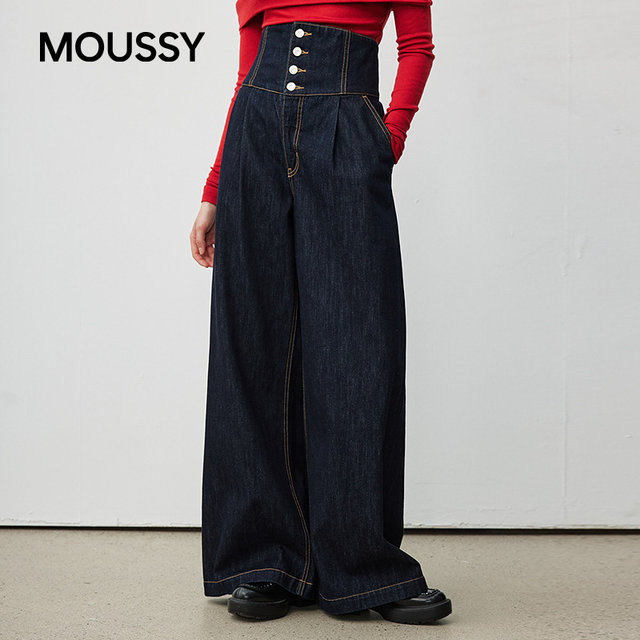 Moussy Spring New Retro High Waist Breasted Lazy Casual Wide Leg Jeans 010IAA11-8361