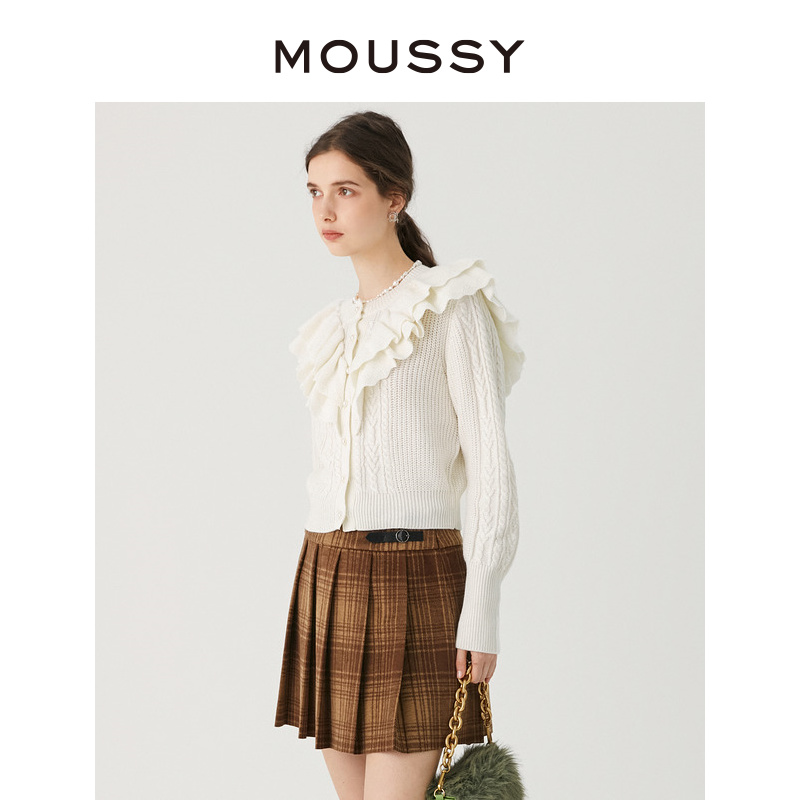 MOUSSY 甜美文艺风木耳花边圆领修身纯色针织衫女010GA270-6330 - 图1