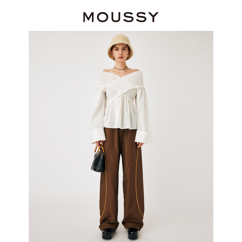 MOUSSY 甜美少女一字领露肩打揽纯色长袖休闲衬衫女010GA230-6640 - 图2