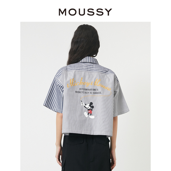 MOUSSY 夏季新品短款条纹米奇印花短袖多巴胺衬衫女028GSQ30-0130 - 图2