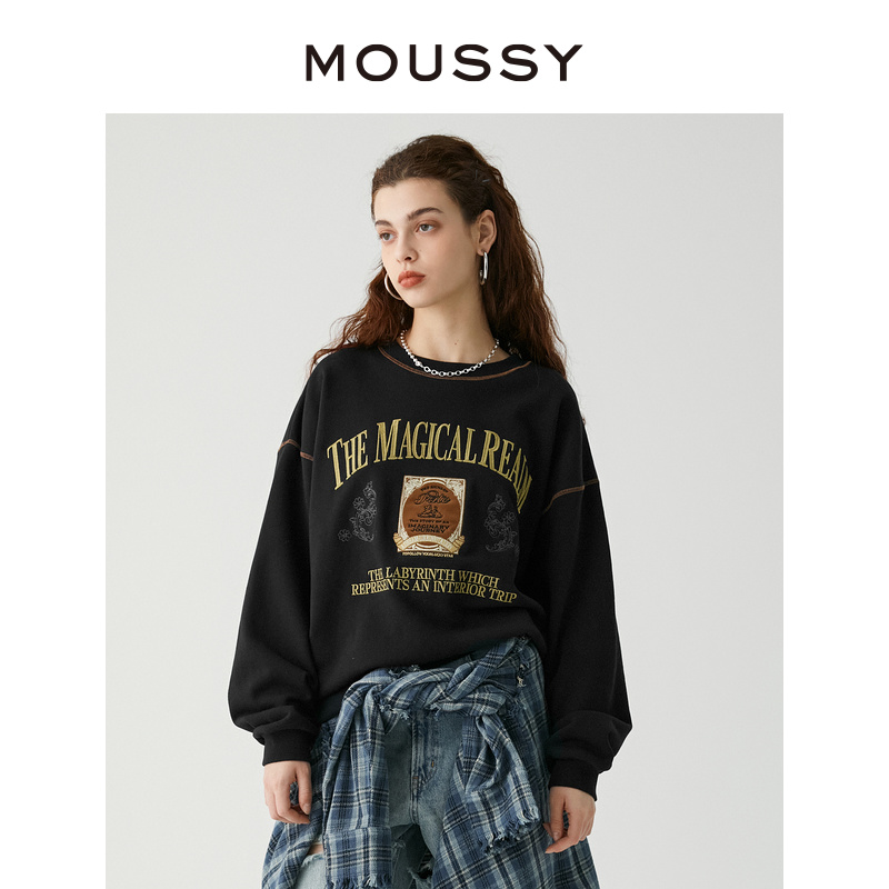 爆款回归 MOUSSY 日系复古字母刺绣套头宽松卫衣女010GAQ90-5800