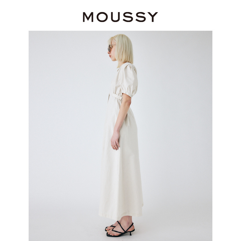 MOUSSY 夏季新品气质淑女风半开领收腰短袖连衣裙女010GSK30-2650