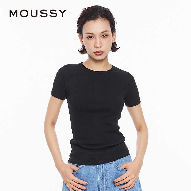 MOUSSY 2024夏季新品基础款简约修身短袖T恤女010HS780-0240 - 图1