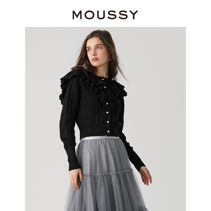 MOUSSY 甜美文艺风木耳花边圆领修身纯色针织衫女010GA270-6330 - 图0