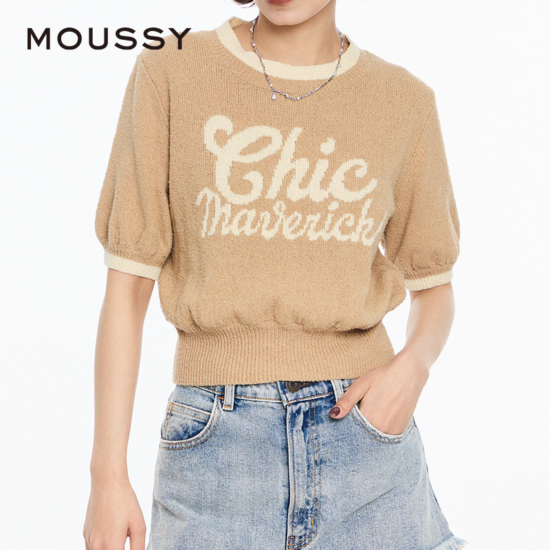 MOUSSY 2024夏季新品随性度假风拼色圆领字母针织衫028HSZ70-1181 - 图0