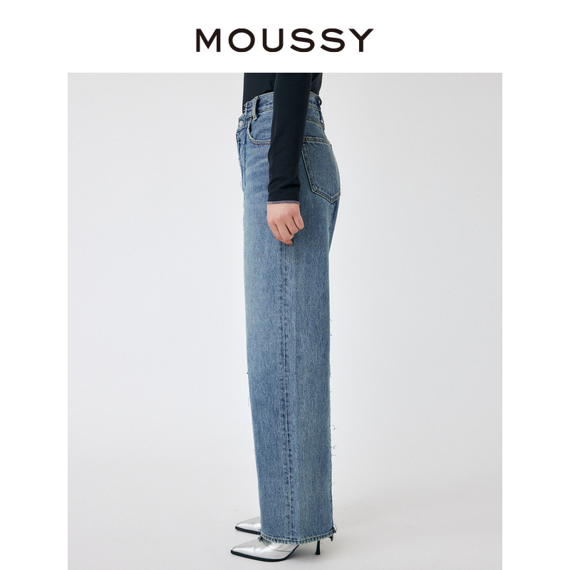 MOUSSY 夏季新品破损不对称设计感直筒牛仔裤女010GA611-5250 - 图1