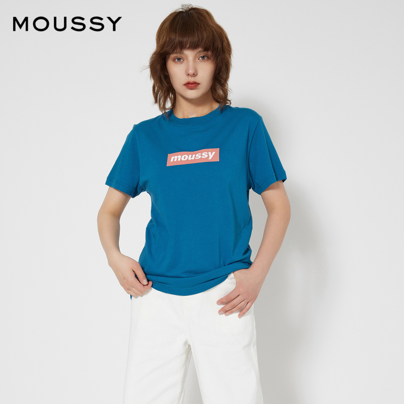 MOUSSY 简约百搭经典胶印LOGO印花多巴胺短袖T恤女028FSZ90-0260 - 图1