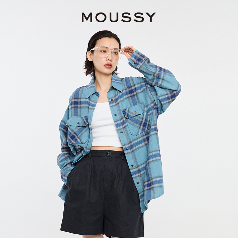 赵昭仪同款MOUSSY 2024新品美式复古格纹LOGO衬衫女028HS430-0110 - 图0