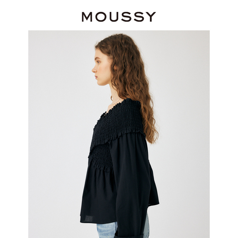 MOUSSY 甜美少女一字领露肩打揽纯色长袖休闲衬衫女010GA230-6640 - 图0