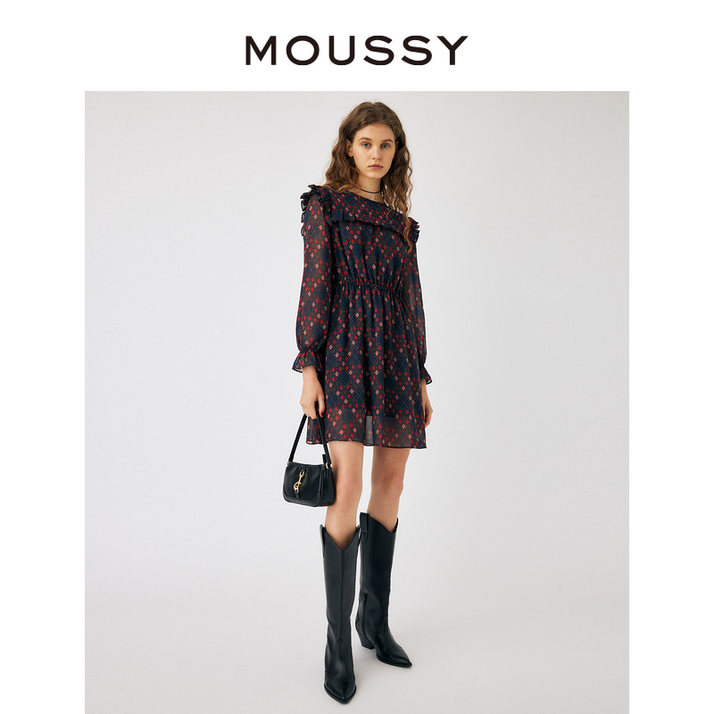 MOUSSY 气质淑女风满印菱格纹印花圆领收腰连衣裙女028GA430-5930 - 图1