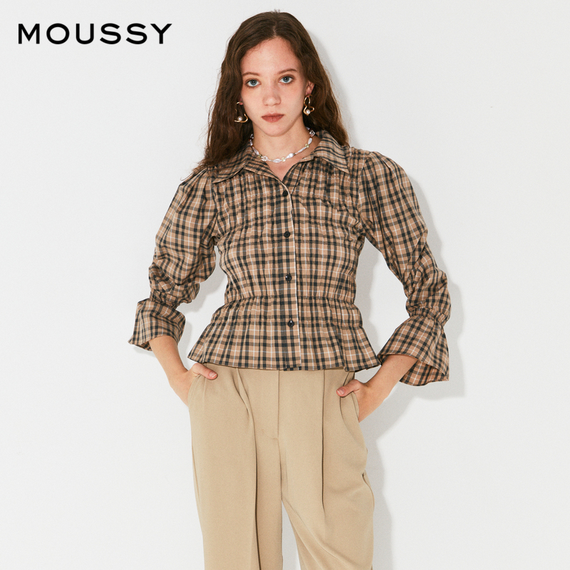 MOUSSY  格纹翻领泡泡袖收腰褶皱衬衫女028FAK30-5250 - 图0