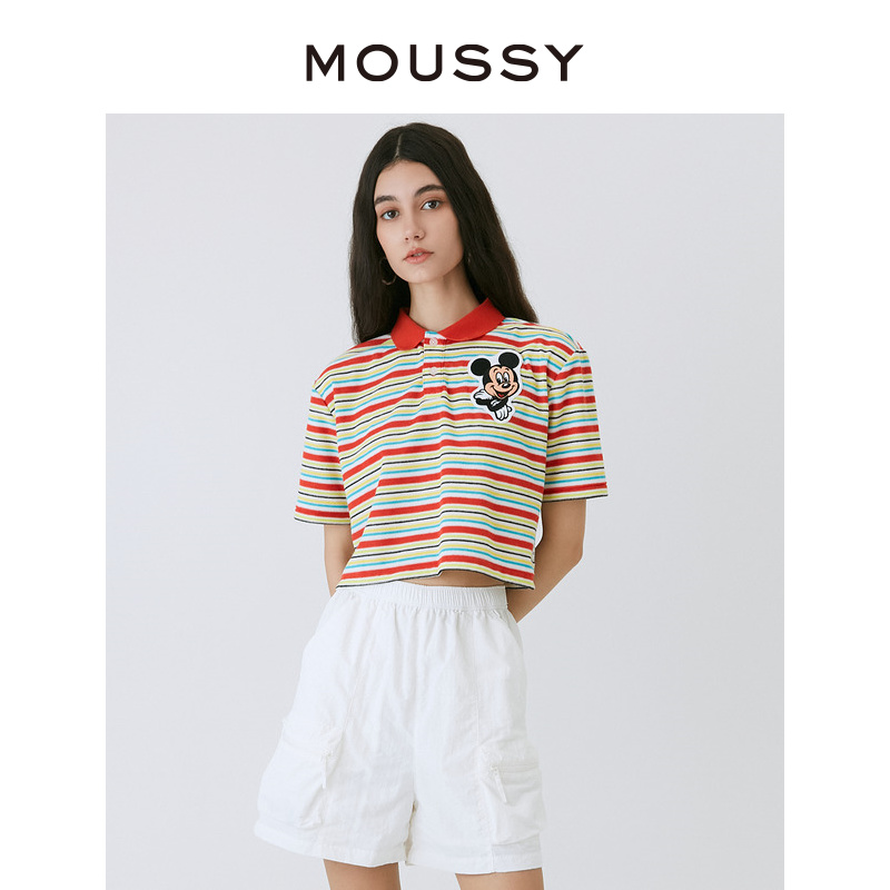 MOUSSY 夏季新品休闲多色条纹设计米奇刺绣POLOT恤028GSY90-0110 - 图0