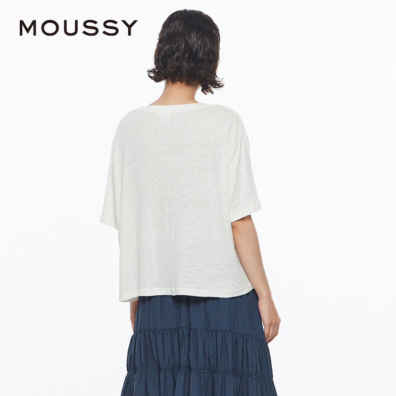 MOUSSY 2024夏季新品随性慵懒感字母印花亚麻T恤女028HSZ90-1151 - 图2