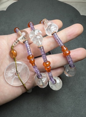 尼泊尔老料白水晶葫芦珠搭配紫水晶隔片珠红玛瑙葫芦珠串制项链