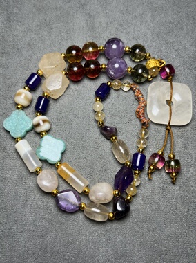 古玩收藏天然水晶多宝项链搭配精美配珠紫色粉色蓝色宝石毛衣链