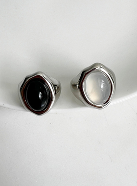 KITSH黑白玛瑙宽面戒指中性小众ins简约大气甜酷气质个性戒圈戒环