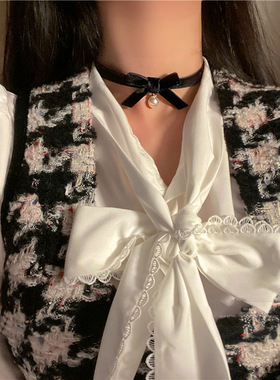 植绒红色蝴蝶结水滴珍珠项链秋冬氛围感甜美百搭颈链轻奢小众饰品