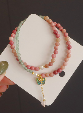 ｛天然红纹石多圈手链｝粉晶貔貅星月菩提橄榄多圈文创饰品新中式