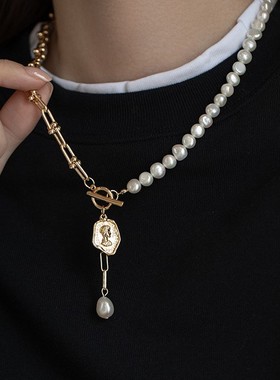 美人头珍珠毛衣链女长款高级感天然淡水正品巴洛克卫衣链秋冬配饰