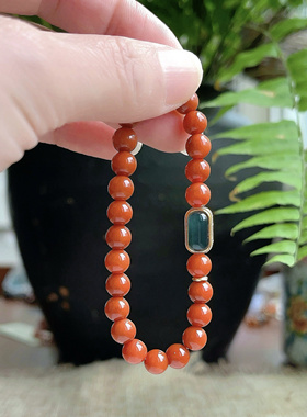 「宫墙竹影」6mm天然南红火焰红手串925银镀金镶蓝水豆新中式手链