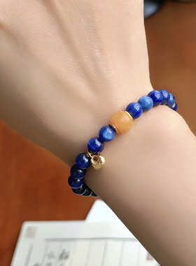 「观自在」7A级蓝晶手串6mm猫眼蓝晶石蜜蜡手链新中式蓝色手饰