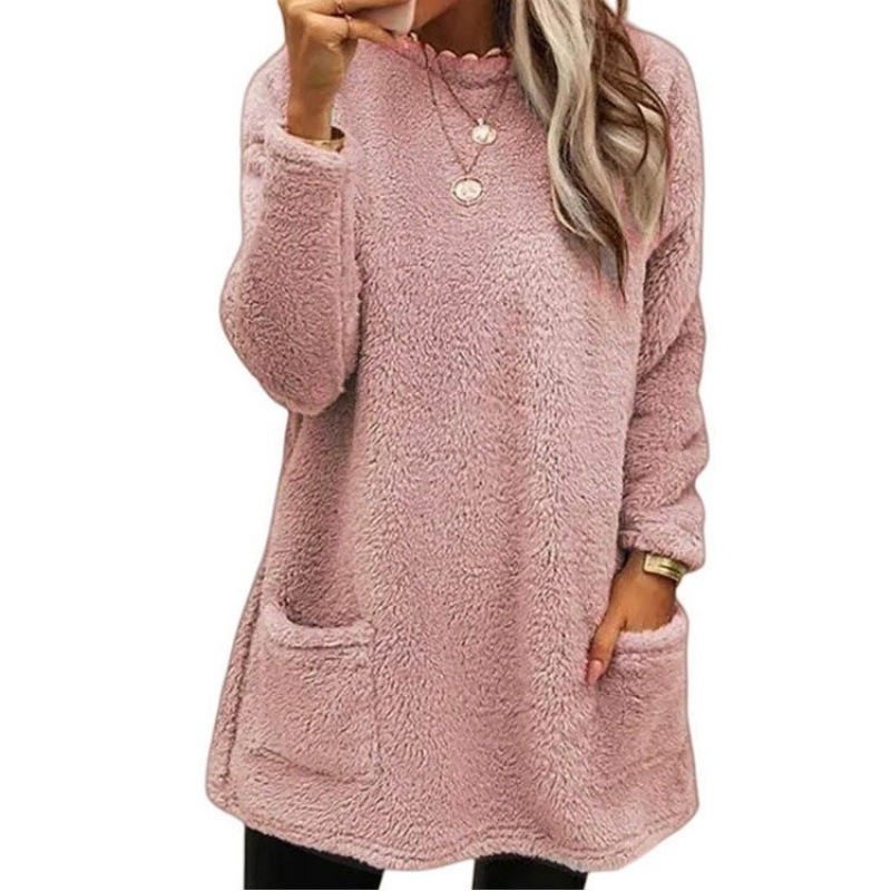 T Women's Long Sleeve Pocket Plush Sweater T-shirt Top - 图1