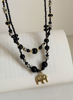 黑色串珠斑点石叠戴项链女复古新中式轻奢优雅时尚百搭颈链毛衣链