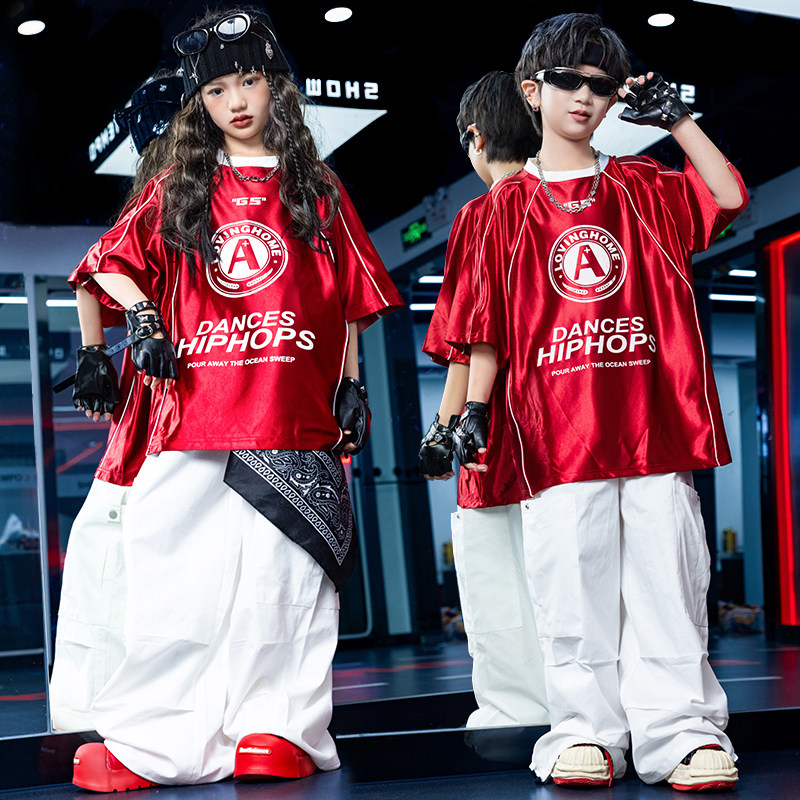少儿hiphop街舞演出服嘻哈红色亮面上衣装男女童夏季白色阔腿裤酷,淘宝优惠券,粉丝福利购,淘宝优惠卷