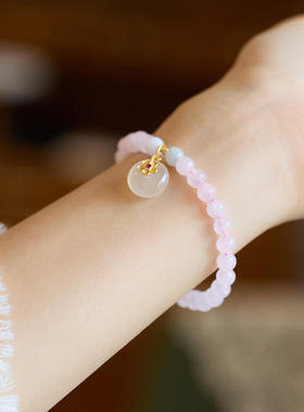 寺庙同款天然6MM粉晶手链女翡翠吊玉髓平安扣芙蓉花手串闺蜜礼物