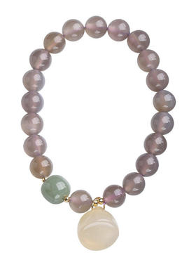 新款灰玛瑙手链女款天然玉髓莲蓬吊坠搭和田玉手串复古中国风手饰