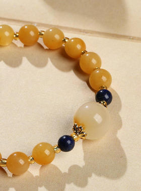 翡亦天然新疆金丝玉黄色手链闺蜜礼物小葫芦流苏女款圆珠玉石手链