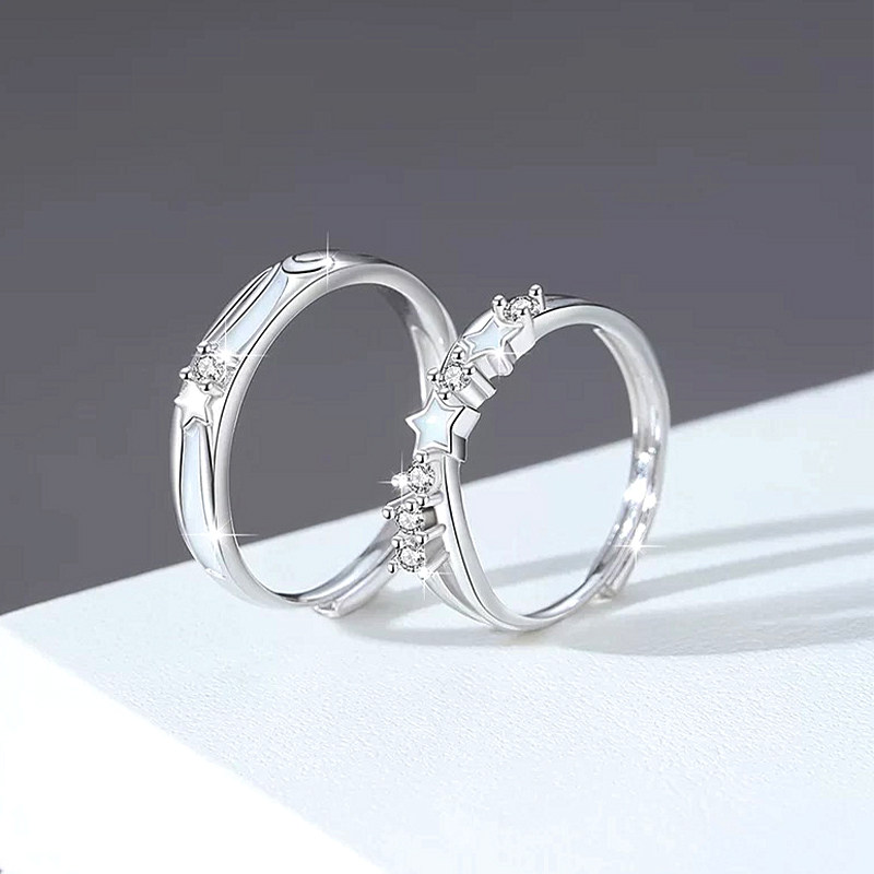 S925 silver underwater starry sky luminous couple ring