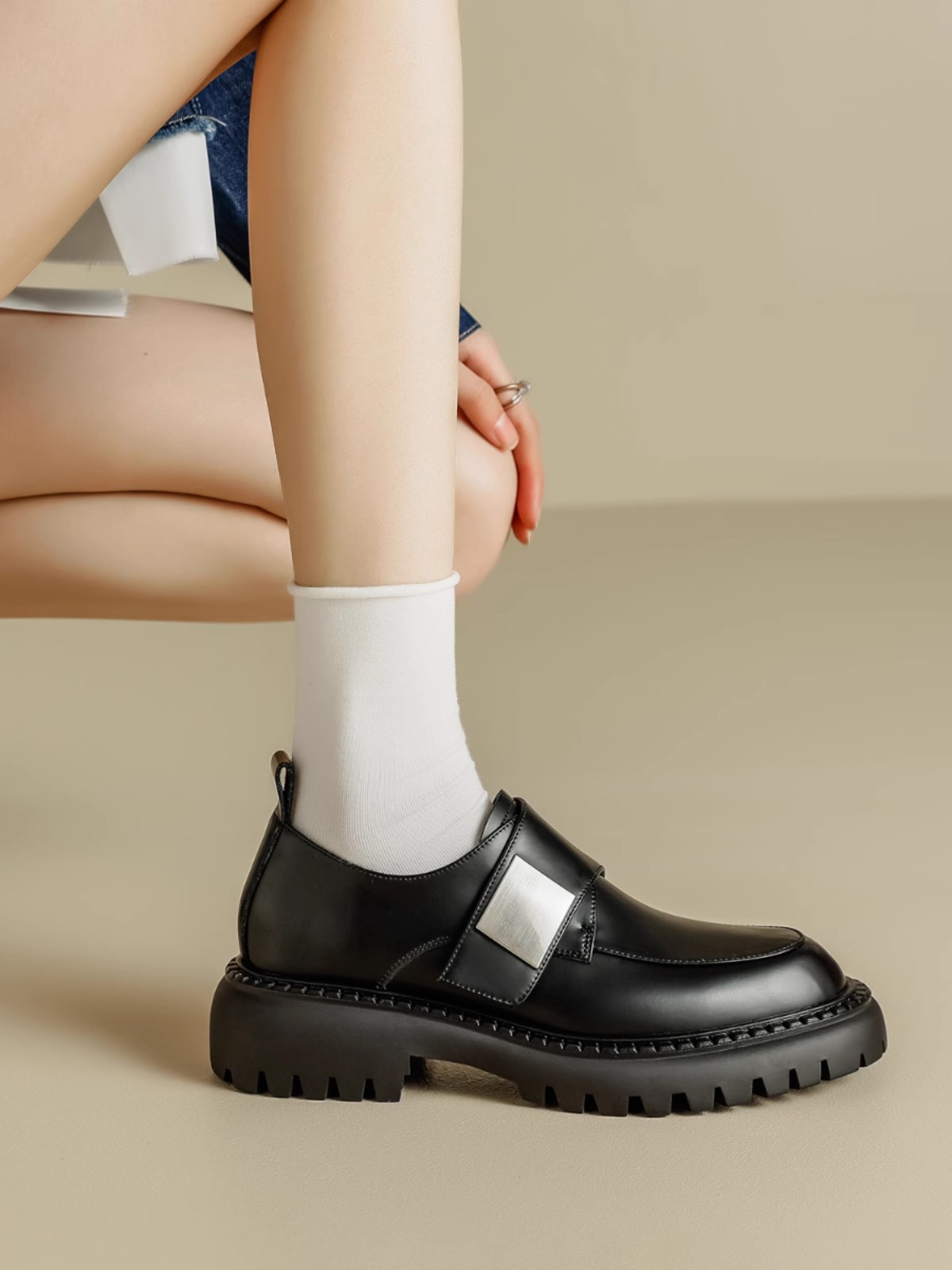 厚底金属扣乐福鞋女ins潮2025春季新款真皮英伦风小皮鞋粗跟单鞋,淘宝优惠券,粉丝福利购,淘宝优惠卷