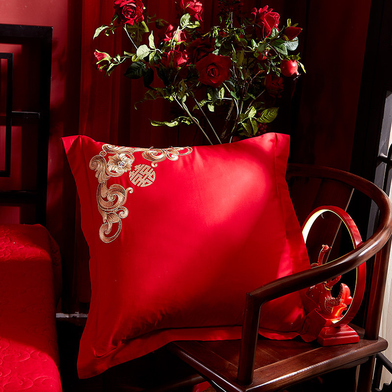 婚庆大红色纯棉靠垫枕套刺绣抱枕一对60*60CM含芯全棉结婚腰靠芯,淘宝优惠券,粉丝福利购,淘宝优惠卷