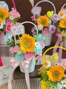 圆形直桶花篮仿藤手工编织手提花篮教师节花店节日花篮儿童节礼物