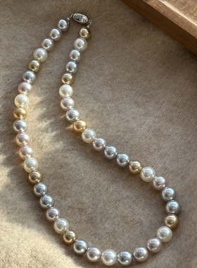 施家糖果混彩粉白珍珠项链女秋冬毛衣链s925银扣大气小众高级颈链