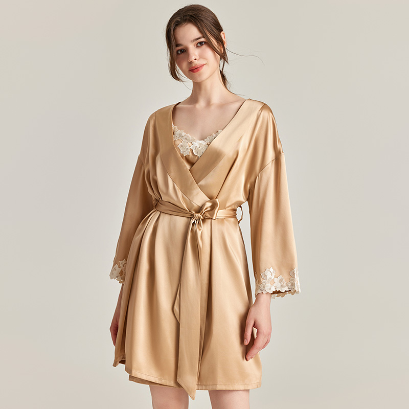 2025ins春夏LP高贵女神性感短款真丝睡衣睡袍桑蚕丝外袍新娘晨袍 - 图0