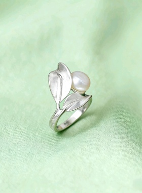 《露珠是叶子的心事》s925纯银树叶子淡水珍珠开口可调节文艺戒指