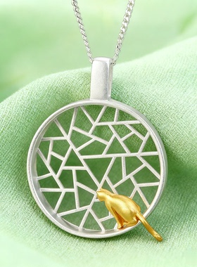 《喂，在等你回家》可爱猫猫纯银S925女款吊坠项链苏式花窗国风