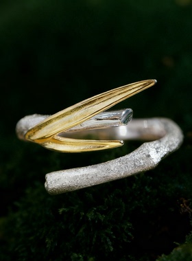 《竹》新中式s925银原创设计个性竹节竹叶开口可调节男女同款戒指