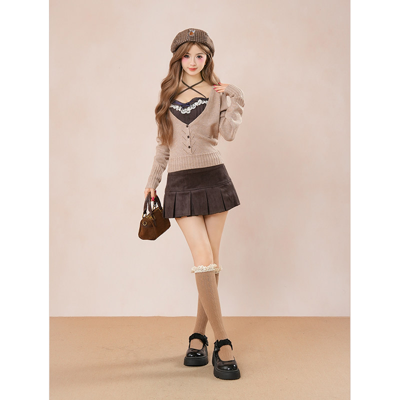 酒心可可 韩系复古纹理针织开衫+蕾丝吊带背心+百褶短裙三件套装,淘宝优惠券,粉丝福利购,淘宝优惠卷