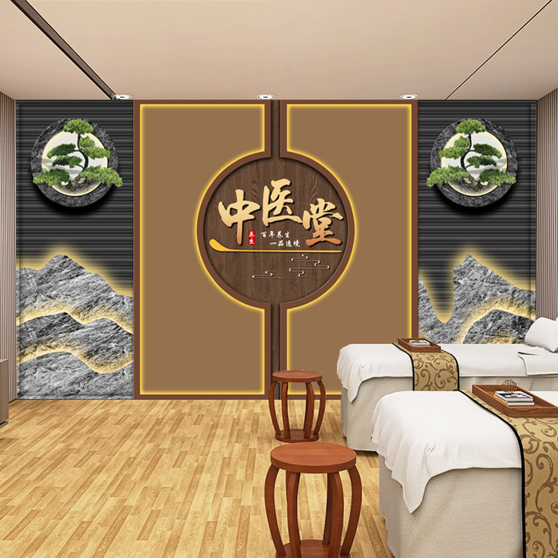 新中式中医馆背景墙纸艾灸针灸理疗店前台展板壁